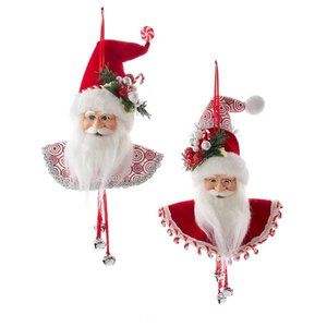 Peppermint Santa Claus Head with Bells Christmas 10" Hanging Ornament Set 2